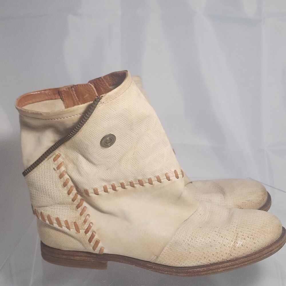 A.S.98/Airstep Bootie Cream/Tan Leather Ankle Biker Boots Women 41/~US 10 Slouch